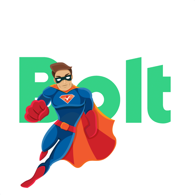 Activation Hero superhero with Bolt branding, ready to help deactivated Bolt drivers and gig workers