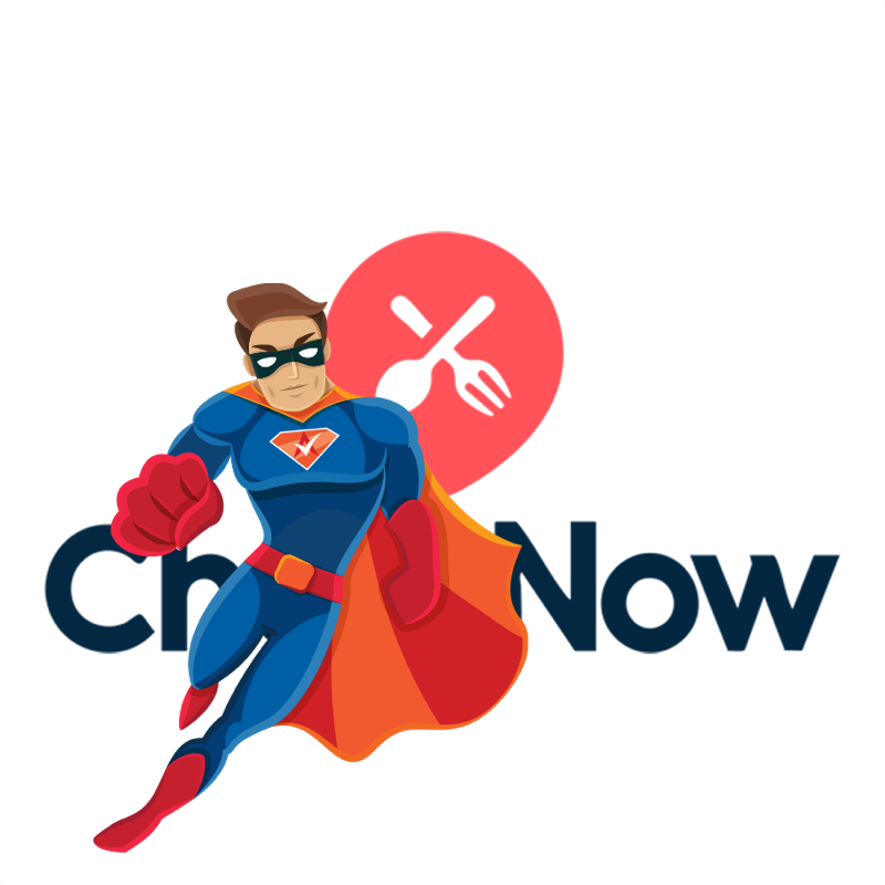 Activation Hero superhero with ChowNow branding, ready to help deactivated ChowNow drivers and gig workers