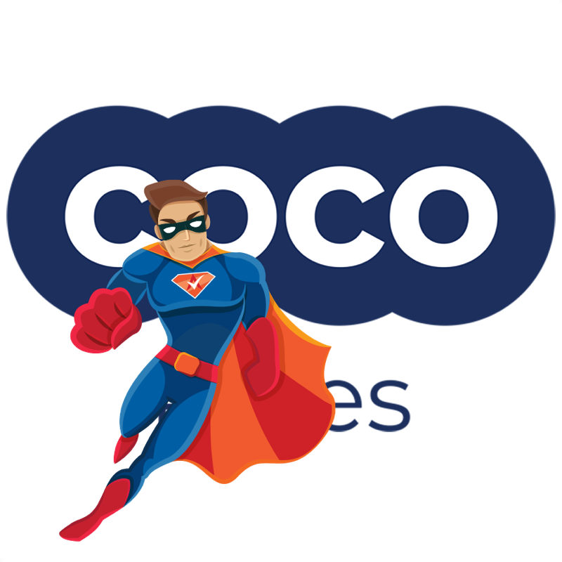 Activation Hero superhero with COCO Rides branding, ready to help deactivated COCO Rides drivers and gig workers