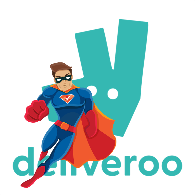 Activation Hero superhero with Deliveroo branding, ready to help deactivated Deliveroo drivers and gig workers