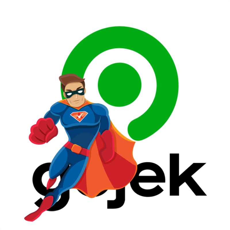 Activation Hero superhero with Gojek branding, ready to help deactivated Gojek drivers and gig workers