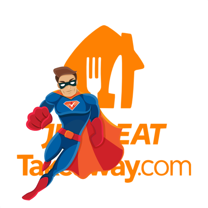 Activation Hero superhero with Just Eat branding, ready to help deactivated Just Eat drivers and gig workers