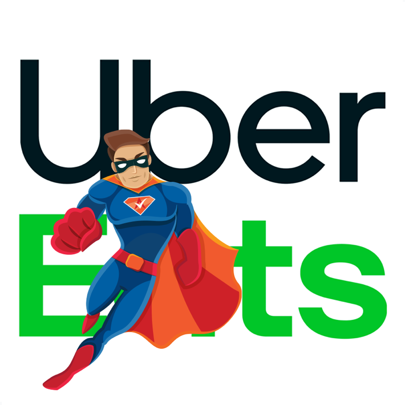 Activation Hero superhero with Uber Eats branding, ready to help deactivated Uber Eats drivers and gig workers