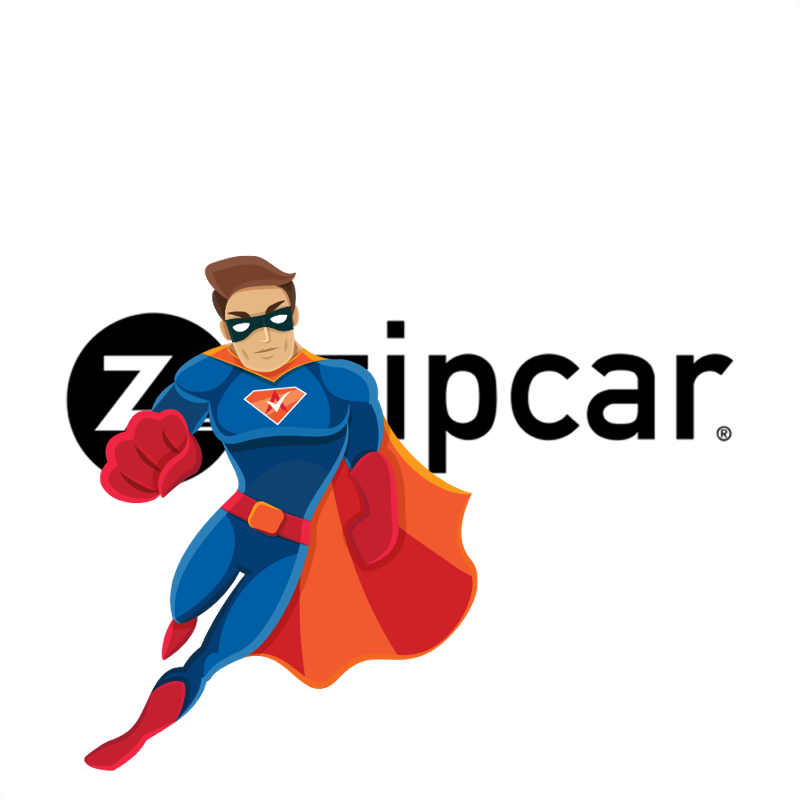 Activation Hero superhero with Zipcar branding, ready to help deactivated Zipcar drivers and gig workers